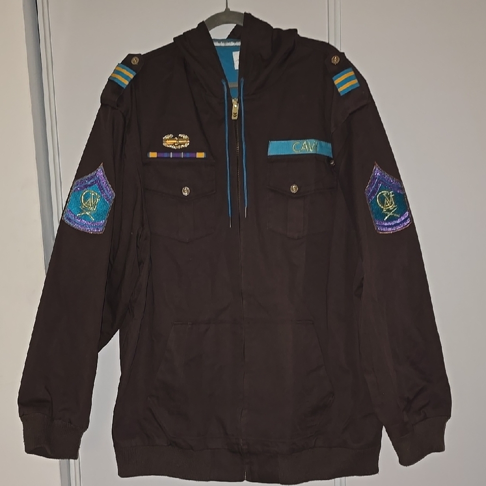 Brown Military Field Jacket with Hood and Patches